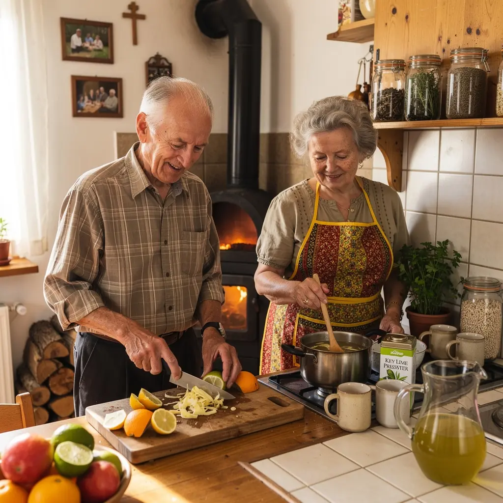 Tropinių gėrybių ir kalkių derinys ant rankų darbo stalo.