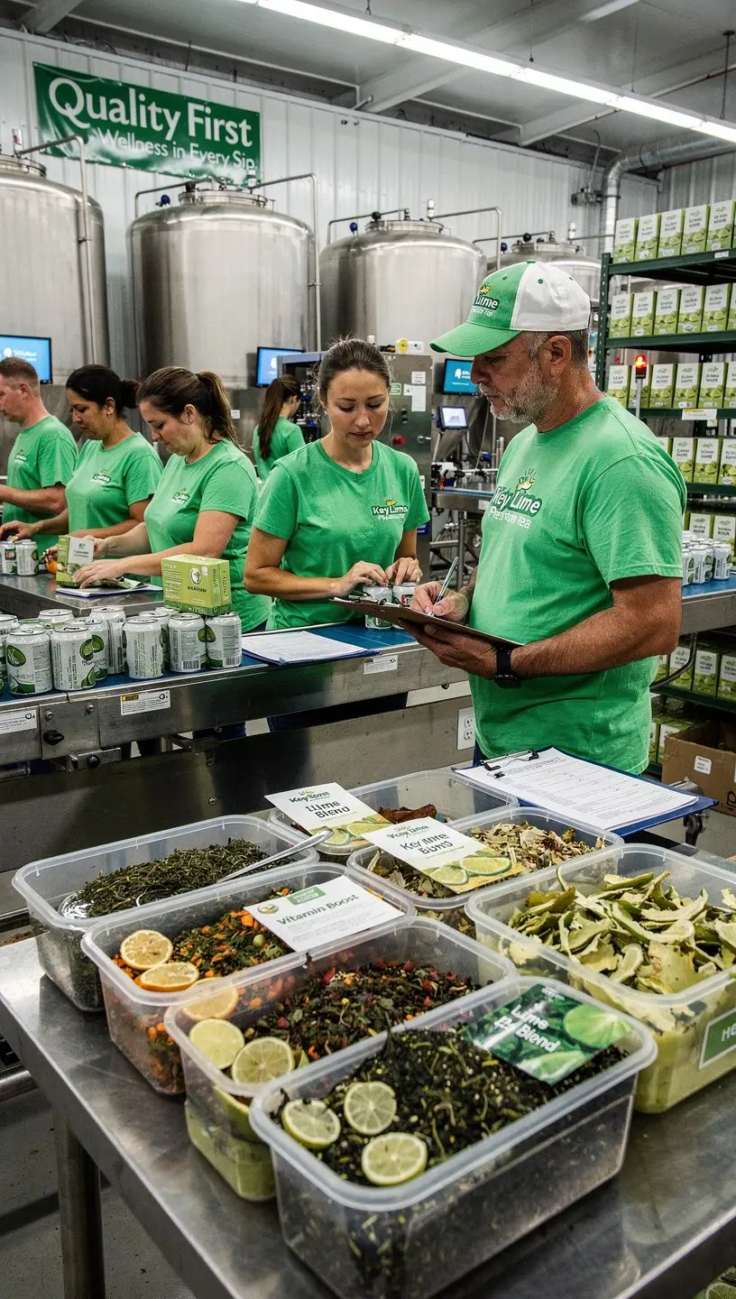 Citrininio kalkių arbatos puodelis ant medinio stalo, apsuptas tropinių vaisių.